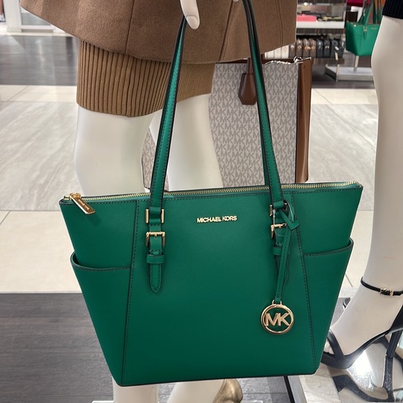 Michael Kors Charlotte Large Zip Shoulder Tote Saffiano Leather Palmetto  Green 